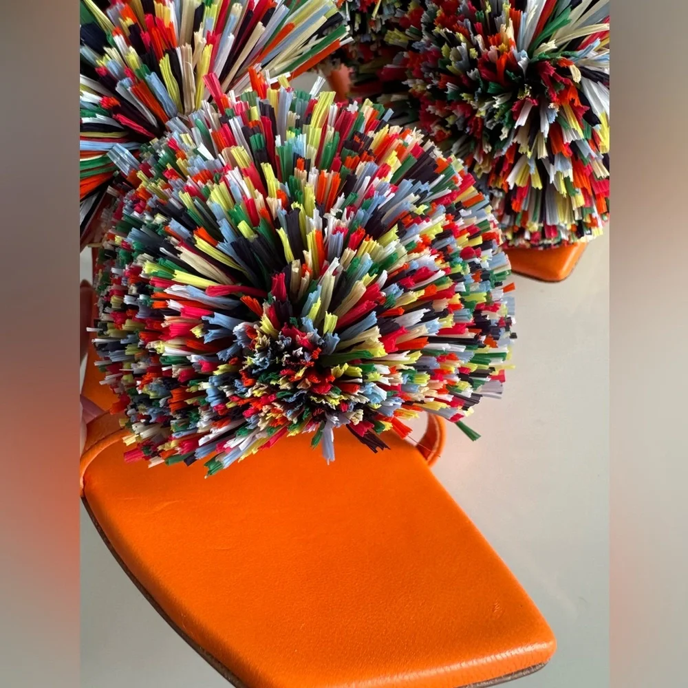 Bottega Veneta *NEW* Leather Orange Multicolor Pom Pom Heels- Size 6.5 US - Picture 7 of 10